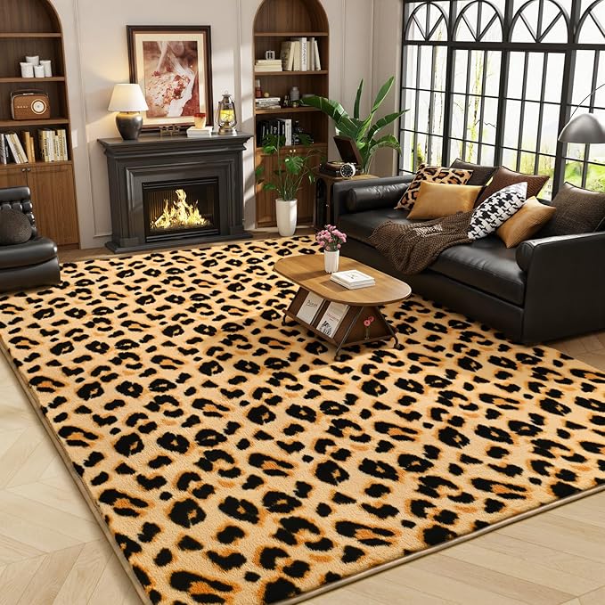 Amearea Soft Leopard Rugs for Bedroom Living Room, 4x6 Modern Cheetah Print Thickened Memory Foam Rug, Fluffy Indoor Washable Animal Rug Carpet for Kids Boys Girls Dorm Nursery Room Home Decor, Khaki
