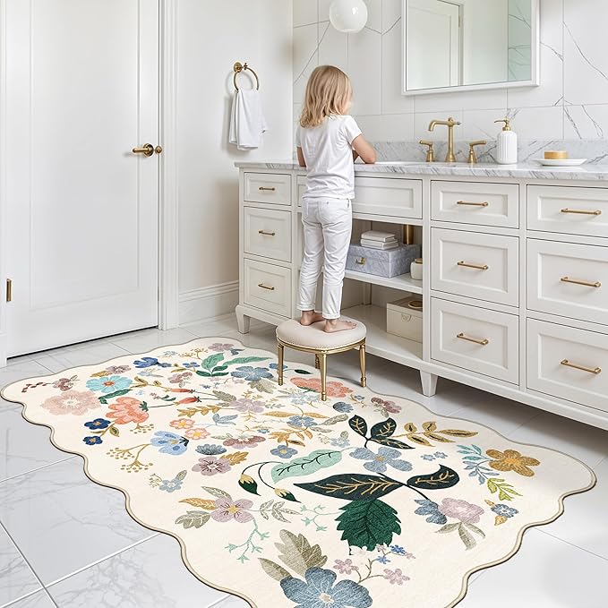 Washable 3x5 Entryway Area Rugs: Ultra Soft Floral Carpet for Kitchen Nursery Indoor Light-Weight Doormat Anti-Slip Elegance Rug for Living Room Bedroom Small Foldable Vintage Floor Mat(3x5,Cream)