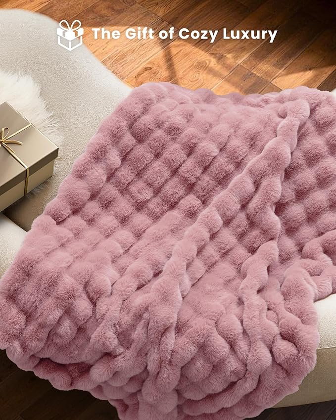 Ultra Soft Cozy Faux Fur Throw Blanket, Fuzzy Plush Thick Bubble Blanket, Oversize Luxury Fluffy Blanket for Couch, Sofa, Bedroom, and Living Room,50x60 Inches,Pink