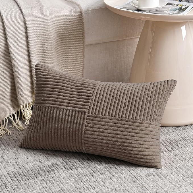 Fancy Homi Set of 2, Light Brown Patchwork Corduroy Decorative Soft Striped Modern Accent Cushion Case Farmhouse Boho Neutral Throw Pillow Covers for Chair Couch Bed Sofa Living Room 28x16 Inch