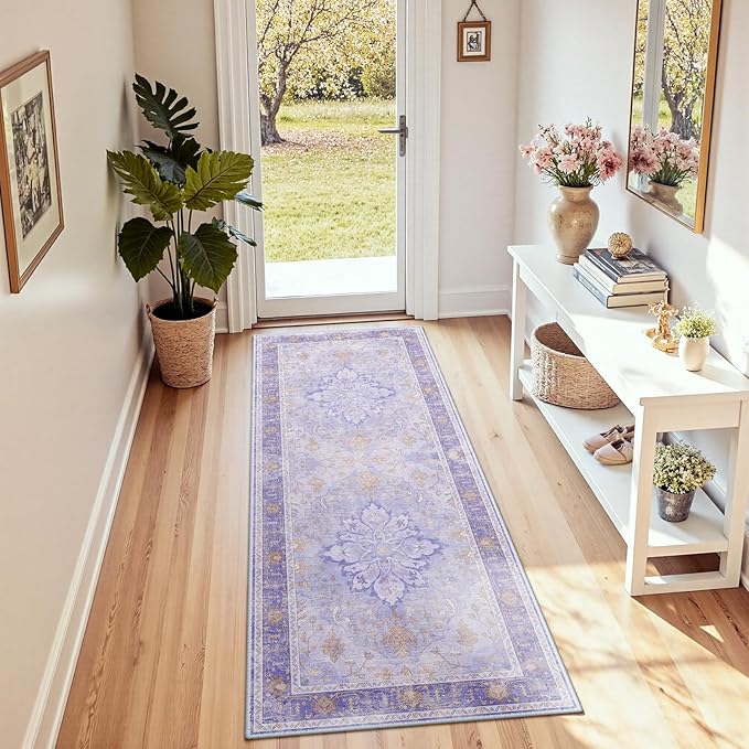 Area Rugs 2'x6' Runner Rug Non Slip Washable for Kitchen Hallway Bedroom Beside Laundry Room Bathroom Rug, Floor Carpet, Light Purple Brown