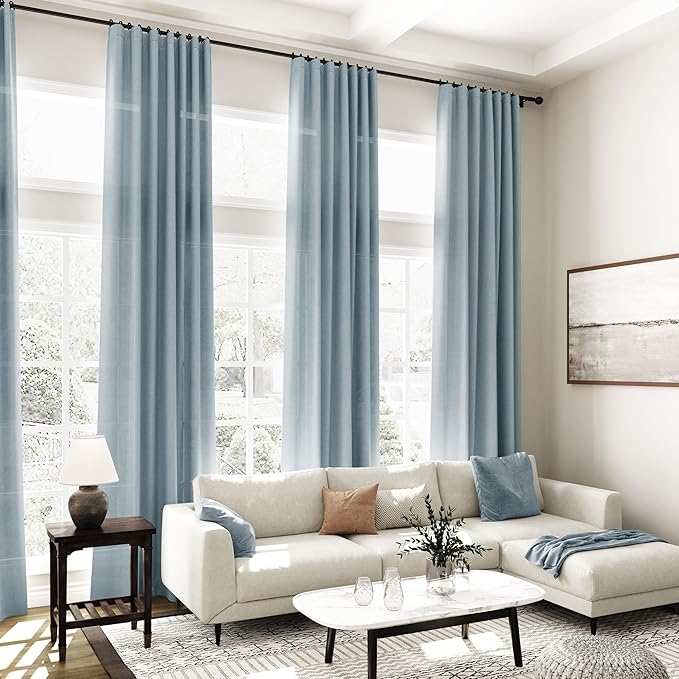 Nanspring Light Blue Linen Curtains Semi Sheer 96 Inches Long 2 Panels Set for Living Room Back Tab Rod Pocket Light Filtering Drape for Bedroom Modern Farmhouse Coastal Decor Protect Privacy 52x96.