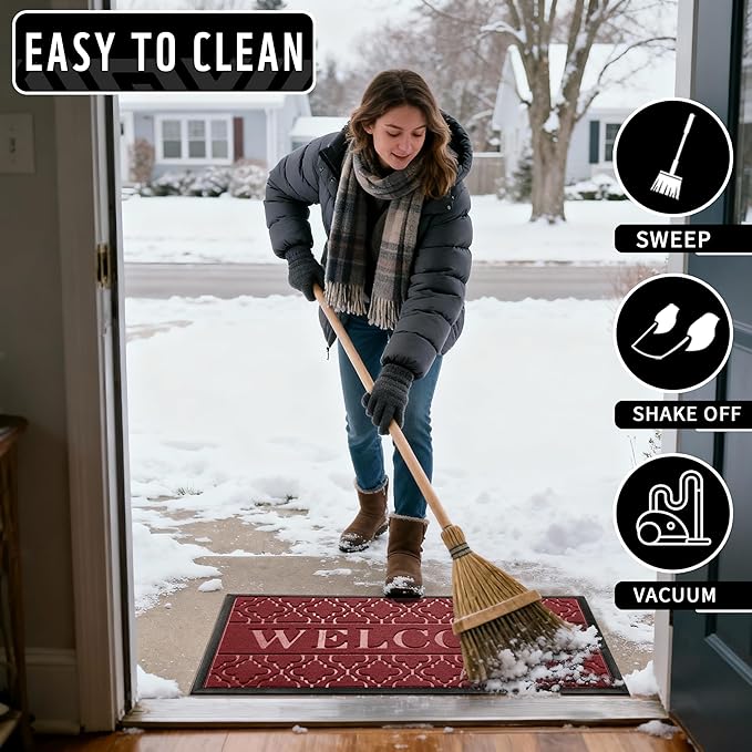 Yimobra Christmas Door Mat Outdoor Indoor 29.5x17, All-Weather Waterproof Front Door Mat Outside Entrance, Non-Slip Low Profile Porch Patio Welcome Doormat, Red