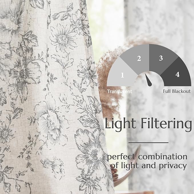jinchan Linen Blend Curtain Floral Curtains for Living Room 84 Inch Length Grey Printed Curtain Rod Pocket Back Tab Farmhouse Peony Flower Patterned Drapes Bedroom Window Curtains Set 2 Panels