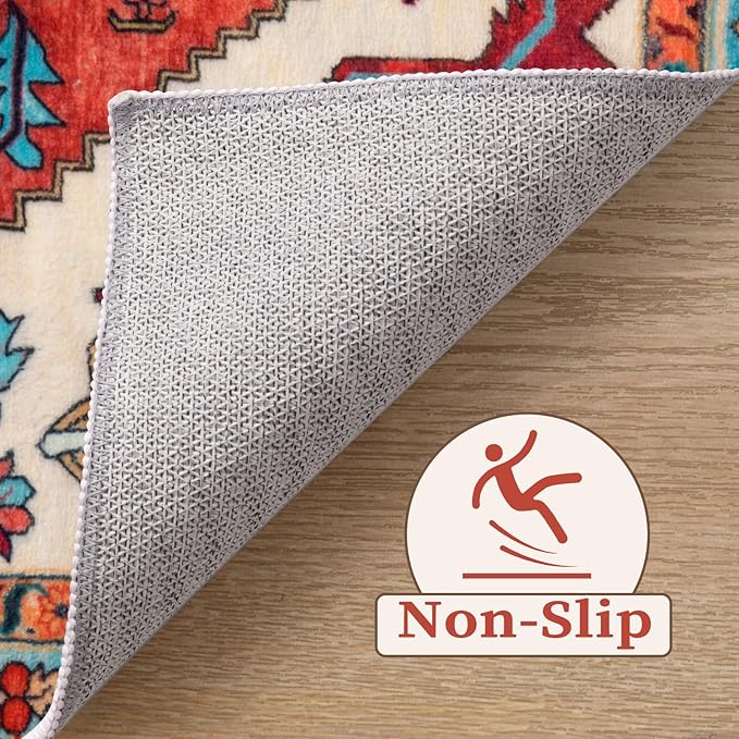 SERISSA Boho Rugs for Entryway, 2x3 Orange Entryway Rug Non-Slip Washable Small Area Rug, Ultra Soft Oriental Vintage Low-Pile Indoor Door Mat Floor Carpet for Entrance Bedroom Kitchen Bathroom