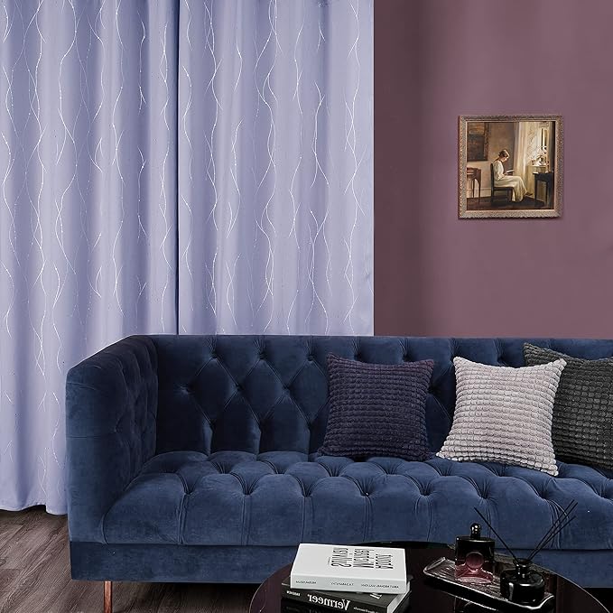 Deconovo Blackout Curtains, Thermal Insulated Soundproof Drapes with Wave Dots Foil Print, 42 x 63 Inch, Set of 2, Machine Washable Window Curtain for Bedroom Living Room Nursery Kitchen, Light Purple