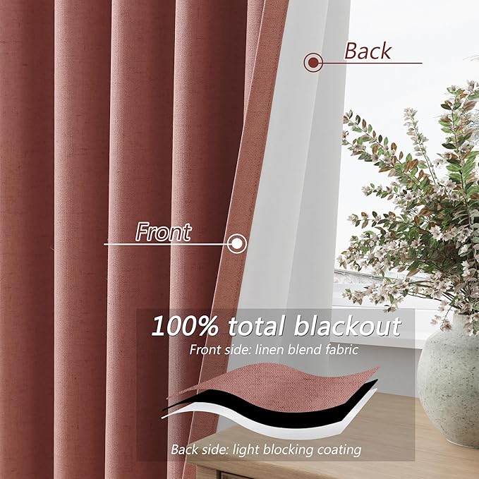 Guken 100% Blackout Curtains 63 Inch Length 2 Panels Set for Girls Bedroom Back Tab Thermal Insulated Black Out Linen Drapes Room Darkening Window Curtains 63 Inches Long,Dusty Rose