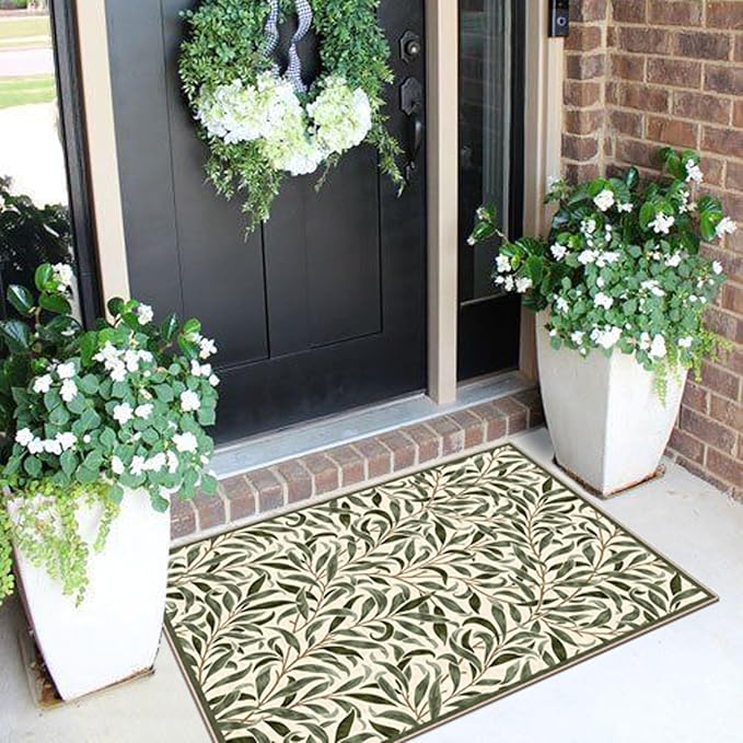 Front Door Mat Outside Entrance - 2x3 Boho Non-Slip Washable Spring Doormat Indoor Outdoor Entrance Sage Olive Green Leaf Rug Small Throw Rugs for Entryway Bedroom Kitchen Front Porch Decor