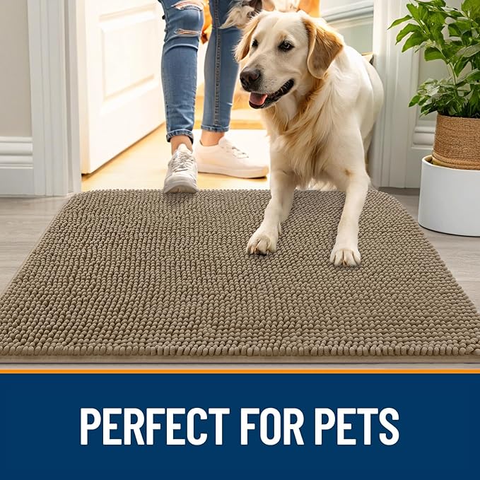 OLANLY Dog Door Mat for Muddy Paws 59x32, Absorbs Moisture and Dirt, Absorbent Non-Slip Washable Doormat, Quick Dry Chenille Mud Mat for Dogs, Entry Indoor Entryway Carpet for Inside Floor, Tan