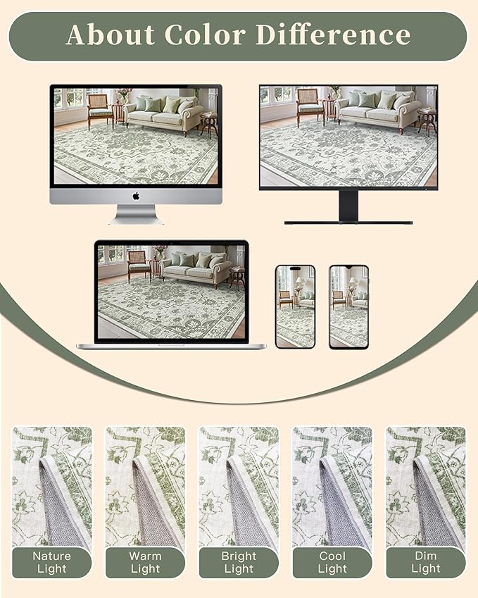 Madane 9x12 Area Rugs for Living Room, Machine Washable Vintage Green Rug with Non-Slip Backing, Soft Throw Large Rug, Thin Carpet for Bedroom Dining Room Farmhouse Under Table, Green/Ivory