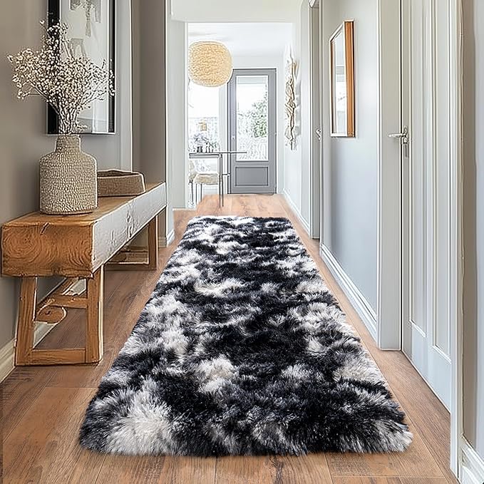 Pionblank Fluffy Runner Rugs for Bedroom 2x6, Modern Shaggy Area Rug for Hallway Living Room, Plush Soft Fuzzy Bedside Carpet for Kids Girls Boys Room Nursery Decor, Black White