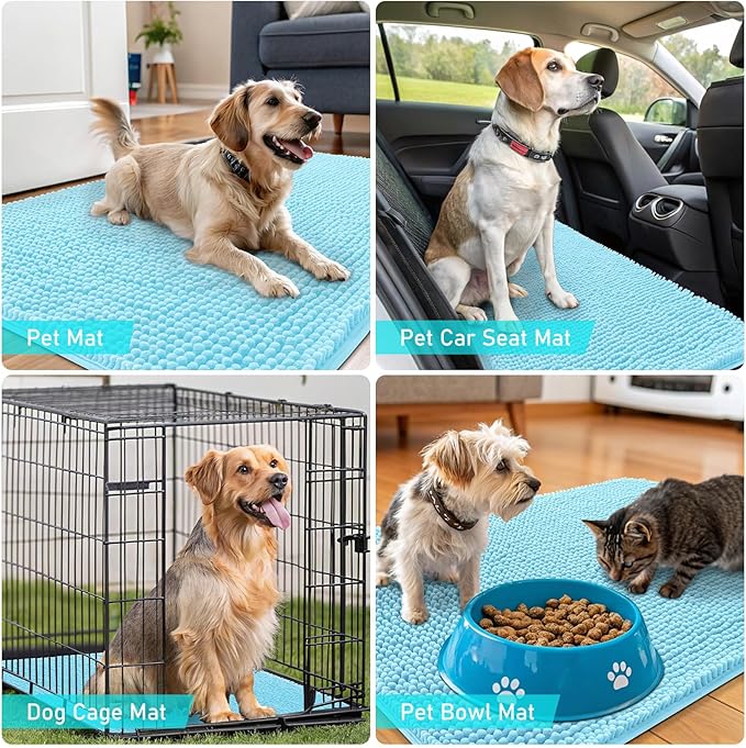 OLANLY Dog Door Mat for Muddy Paws 24x16, Absorbs Moisture and Dirt, Absorbent Non-Slip Washable Doormat, Quick Dry Chenille Mud Mat for Dogs, Entry Indoor Entryway Carpet for Inside Floor, Blue