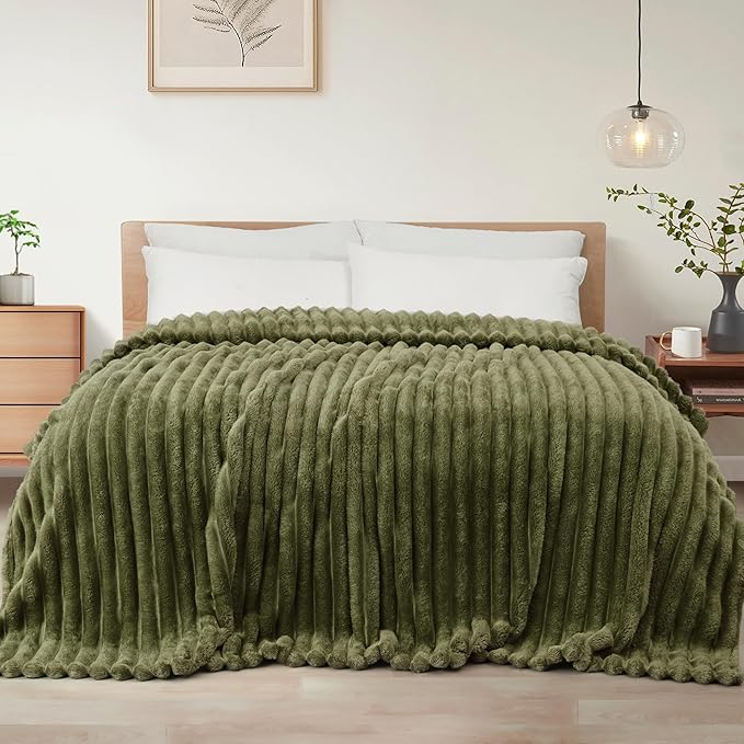Exclusivo Mezcla Twin Size Flannel Fleece Blanket, Super Soft Striped Jacquard Bed Blanket, Lightweight Fuzzy Cozy for All Seasons, 60x80 Inches, Olive Green