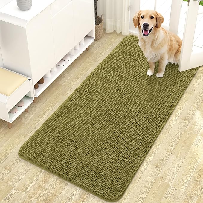 OLANLY Dog Door Mat for Muddy Paws 47x24, Absorbs Moisture and Dirt, Absorbent Non-Slip Washable Doormat, Quick Dry Chenille Mud Mat, Entry Indoor Entryway Carpet for Inside Floor, Willow Green
