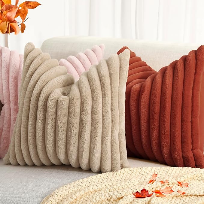 decorUhome Cozy Faux Fur Throw Pillow Covers 18x18 Set of 2 Decorative Soft Plush Striped Modern Farmhouse Boho Couch Pillow Cases with Velvet Back for Sofa Bed Living Room, Rust