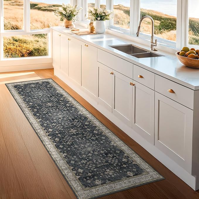 Dark Washable Long Runners for Hallways, 2'6"x8' Wide Kitchen Runner Rug, Entryway Indoor Rug, Non Slip Rubber Backing Boho Vintage Floor Decor, Ashen/Multi