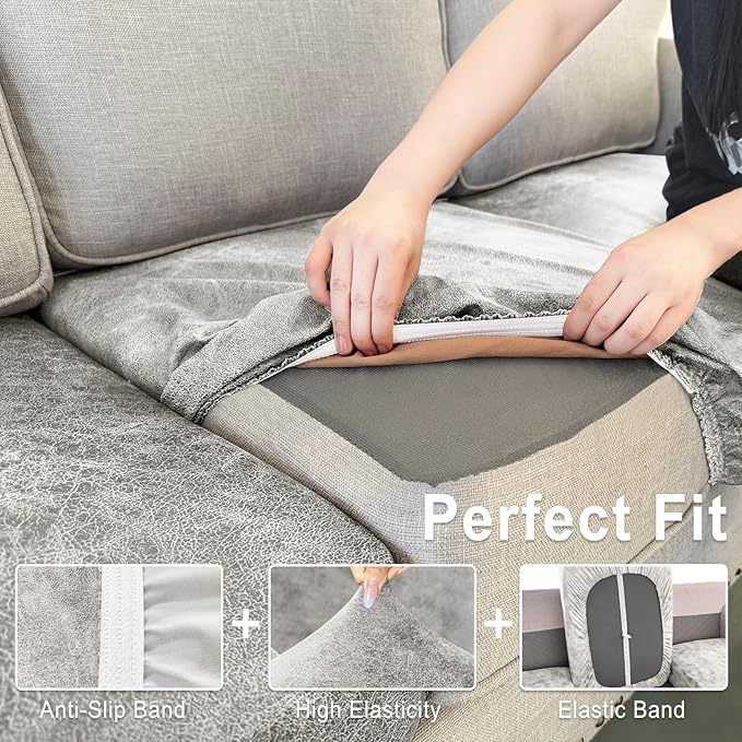Leather Look Couch Cushion Covers Sofa Seat Slipcovers Sets Couches Furniture Protector for Sectional Armchair Loveseat Pets Kids Stretch Spandex Fabric (3 Cushion Sofa, Griege)