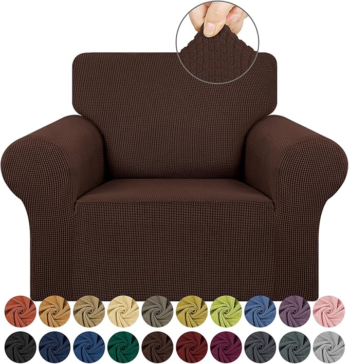 KEKUOU Stretch Single Sofa Slipcover 1 Piece Couch Sofa Cover (31"-55") Furniture Protector 1 Seater Sofa with Elastic Bottom for Kids,Pet.Jacquard Small Checked Pattern Fabric(Small,Chocolate)