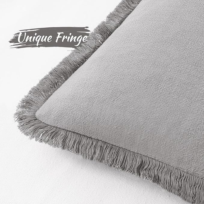 MIULEE Decorative Throw Pillow Covers Neutral Linen Fringe Throw Pillows Euro Shams Set of 2 Light Grey Boho Farmhouse Cushion Covers for Couch Sofa Bed Living Room Spring Home Decor 24x24 Inch