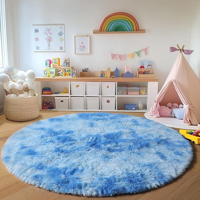 ONASAR Round Rugs 5ft for Bedroom Living Room, Tie-Dye Blue Fluffy Circle Area Rug for Kids Girls Boys Teen, Soft Plush Shaggy Carpet for Nursery Dorm Classroom Playroom Home Decor Aesthetic