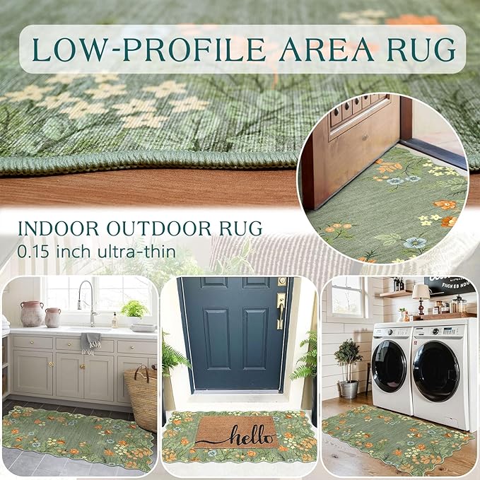 Front Door Mat Indoor Entrance - 2x4.3 Ft Sage Green Floral Washable Layered Doormat Outdoor Entrance Porch Rug Non-Slip Boho Runner Rug for Kitchen Hallway Bedroom Laundry Room Porch Decor