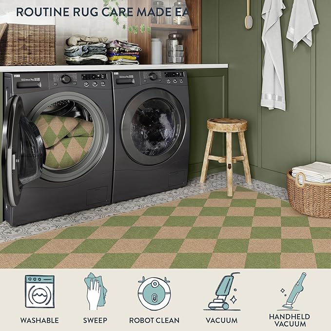 Lahome Colette Checkered Washable Rugs 5x7, Green Area Rug Neutral Large Outdoor Patio Living Room Rug, Farmhouse Non Slip Non Shedding Floor Carpet for Courtyard Camping