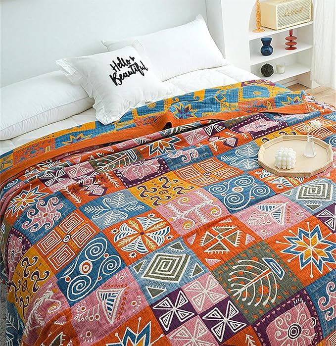 MSGKV Boho Throw Blanket 90''x98'' 100% Cotton Spring Blanket for Couch Bed, Muslin Bed Quilts Home Decor Gift for All Seasons