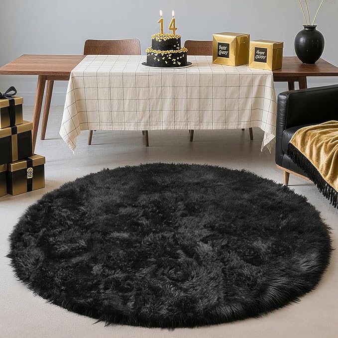 yulidayang Black Fluffy Round Area Rugs for Bedroom,3'X3'Shag Circle Area Rugs for Living Room,Non Slip Fuzzy Plush Rug for Kids Room Boys Girls Room and Dorm Home Decor Rug
