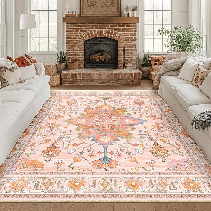 RELEANY Area Rugs Square 8ft Washable Non-Slip, Floral Vintage Distress Print Pattern Medallion Carpet for Living Room Bedroom Dining Room, Light Pink Colorful