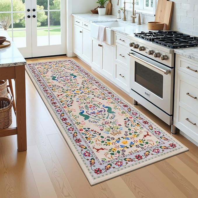 HEBE Washable Hallway Runner Rug 2'x 8' Non Slip Kitchen Rugs Runner,Low Pile Entryway Rug Laundry Room Mat Floral Carpet Runners for Hallways, Kitchen,Bathroom,Laundry,Bedside Rug