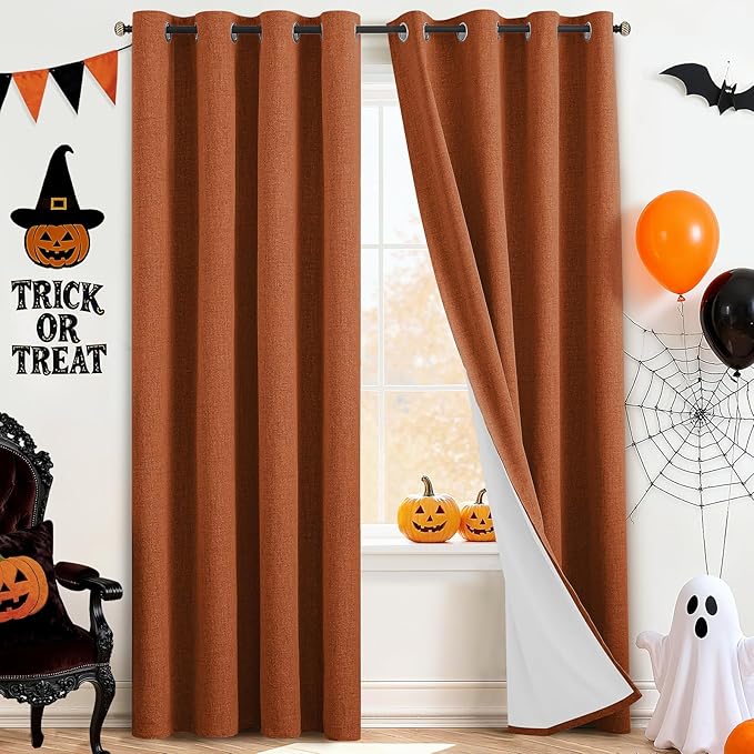Yakamok Burnt Orange Linen Curtains 100% Blackout 90 Inches Long,Room Darkening Textured Curtains for Living Room Thermal Grommet Bedroom Curtains 2 Panels with White Liner