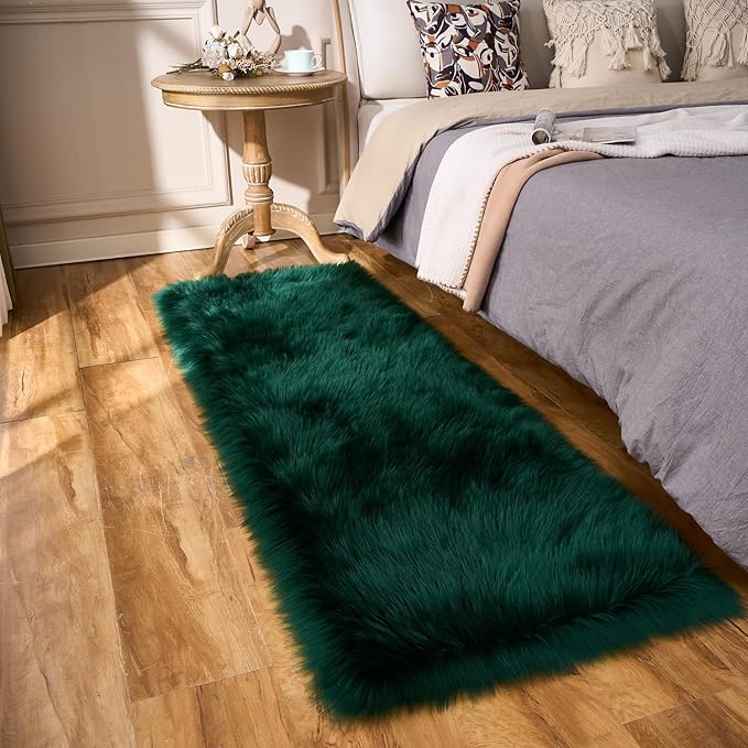 EasyJoy Ultra Soft Fluffy Rugs Faux Fur Rug Chair Cover Seat Pad Fuzzy Area Rug (2x6 ft Rectangle, Dark Green)