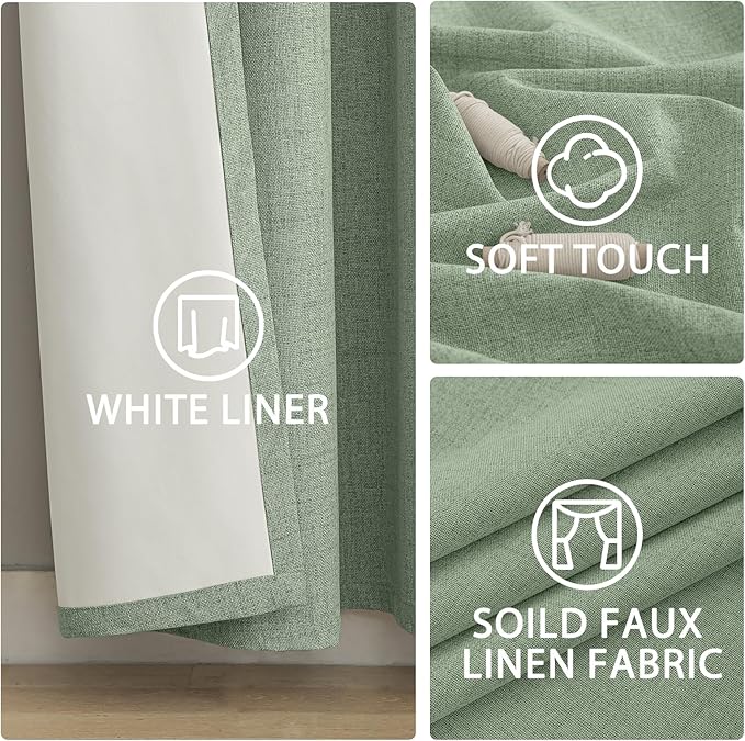 Yakamok Light Sage Green Linen Curtains 100% Blackout 96 Inches Long,Room Darkening Textured Curtains for Living Room Thermal Grommet Bedroom Curtains 2 Panels with White Liner