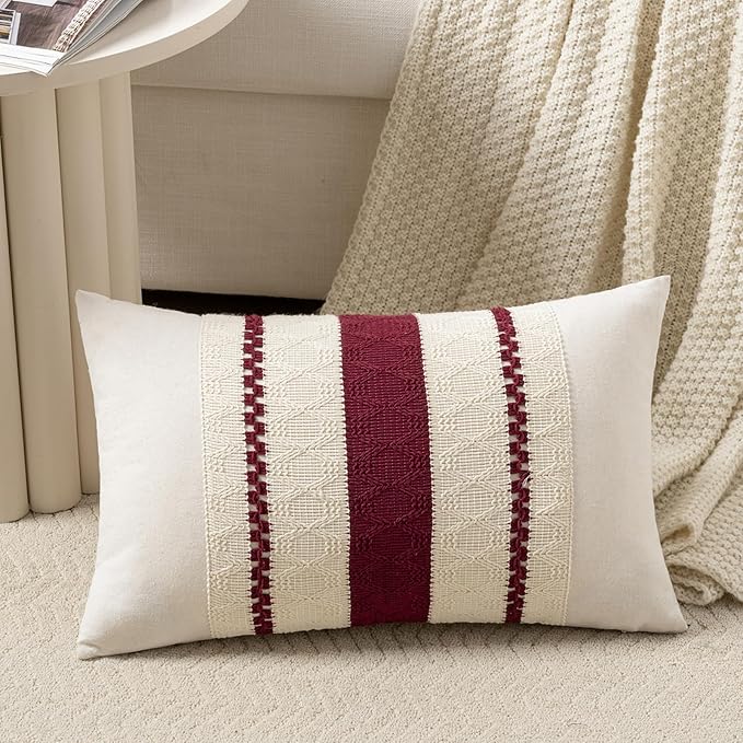Fancy Homi Set of 1 Burgundy Boho Long Lumbar Decorative Throw Pillow Cover 12x24 Inch for Couch Bed Sofa, Aesthetic Modern Farmhouse Christmas Room Decor, Soft Cotton Cute Wind Red Cushion Case