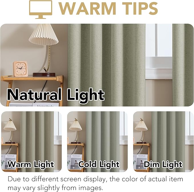 H.VERSAILTEX Linen Curtains 100% Blackout Curtains for Bedroom 96 inch Long Full Light Blocking Nature Linen Blended Window Curtains for Living Room Nickel Grommet (2 Panels, Heathered Tea)