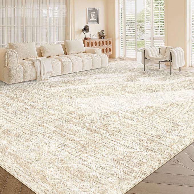 Living Room Rugs 10x14: Washable Moroccan Geometric Boho Rug Farmhouse Non Slip Stain Resistant Large Rug Low Pile Soft Carpet for Bedroom Dining Room Kids Room (Beige,10x14)