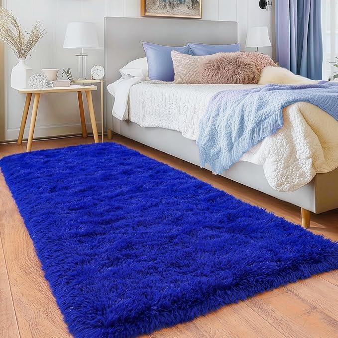 Runner Rugs for Bedroom, 2x6 Fluffy Throw Area Rug Non Slip for Bedside Dorm Hallways, Long Soft Shag Carpet for Nursery Living Room, Royal Blue