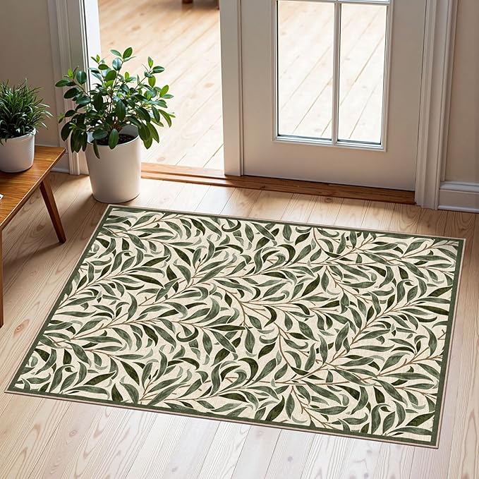 Front Door Mat Outside Entrance - 2x3 Boho Non-Slip Washable Spring Doormat Indoor Outdoor Entrance Sage Olive Green Leaf Rug Small Throw Rugs for Entryway Bedroom Kitchen Front Porch Decor