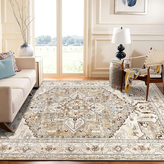 Yamaziot Area Rug 5x7, Non-Slip Washable Boho Vintage Living Room Bedroom Rug with Rubber Backing, Low Pile Faux Wool Soft Distressed Rug Floor Carpet for Living Room, Bedroom