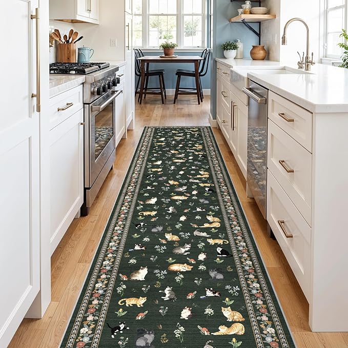 2x10 Washable Hallway Runner Rug - Soft Low Pile Floral Animal Cat Print Rugs with Non-Slip Backing Waterproof Stain-Resistant Indoor Carpet for Kitchen Entryway Bathroom Bedroom (Sage Green)