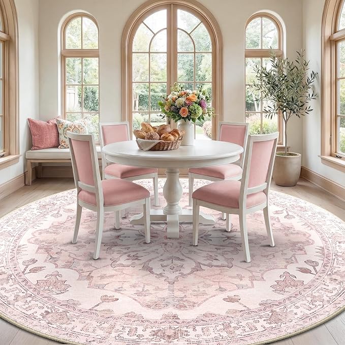 Area Rugs 8ft Washable Non-Slip, Floral Vintage Distress Print Pattern Medallion Carpet for Living Room Bedroom Dining Room, Pink Greypink Cute