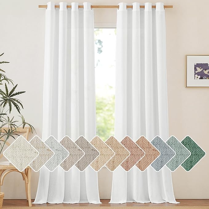 NICETOWN Linen Flax Semi Sheer Curtains 94" Length, Grommet Window Treatments Privacy Added with Light Penetration Vertical Drapes for Loft/Home Office, White, W55 x L94, 2 Panels
