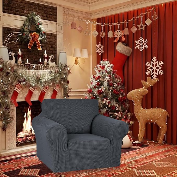 KEKUOU Stretch Single Sofa Slipcover 1 Piece Couch Sofa Cover (31"-55") Furniture Protector 1 Seater Sofa with Elastic Bottom for Kids,Pet.Jacquard Small Checked Pattern Fabric(Small,Charcoal)
