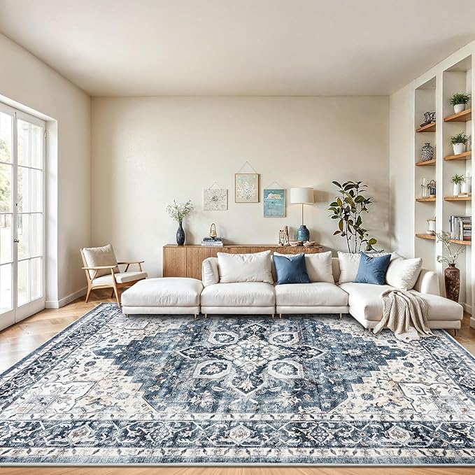 AMADA HOMEFURNISHING 8x10 Washable Area Rug, Low-Profile with Non-Slip Backing & Durable Edge Binding, Vintage Large Rugs for Living Room, Bedroom, Dining Room, Blue