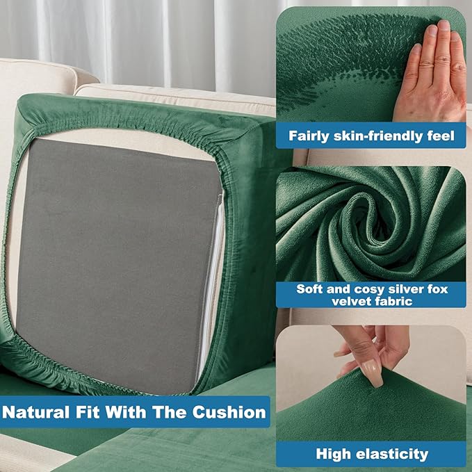 Couch Cover 3-Piece Elastic Velvet Couch Cushion Covers & Chaise Slipcovers for L-Shaped Sofas, Sofa Seat Covers Washable, Soft Cover for Couches (2 Seater + Chaise, Christmas Green)