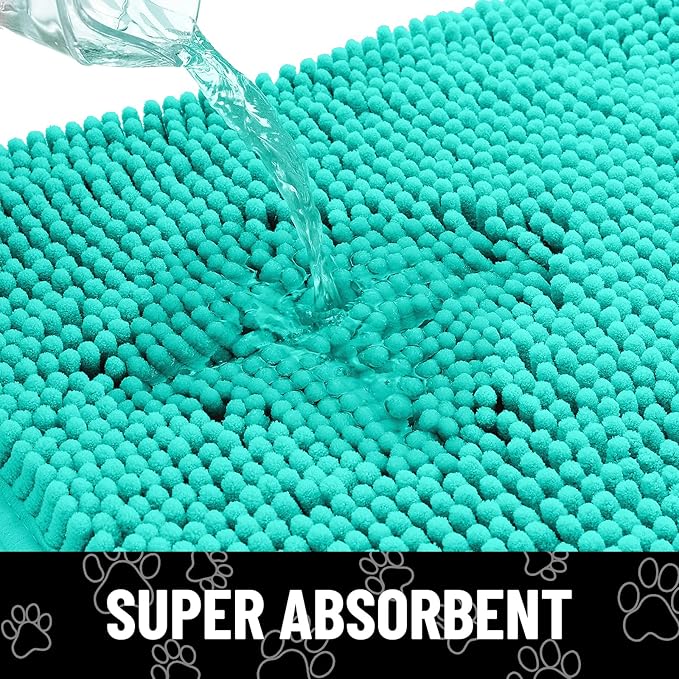 Smiry Dog Door Mat for Muddy Paws, Absorbent Dirt Trapper Non Slip Quick Dry Washable Chenille Mat for Mud Dogs, Entry Rug for Indoor and Outdoor (24x16 Inches, Turquoise and White)