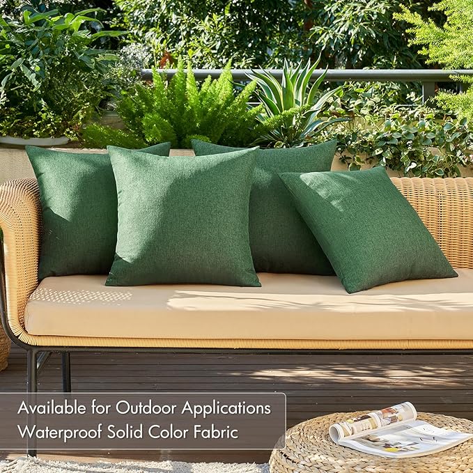 MIULEE Pack of 4 Decorative Solid Waterproof Throw Pillow Covers Linen Garden Farmhouse Cushion Cases for Outdoor Patio Tent Balcony Couch Sofa 16x16 inch Dark Green