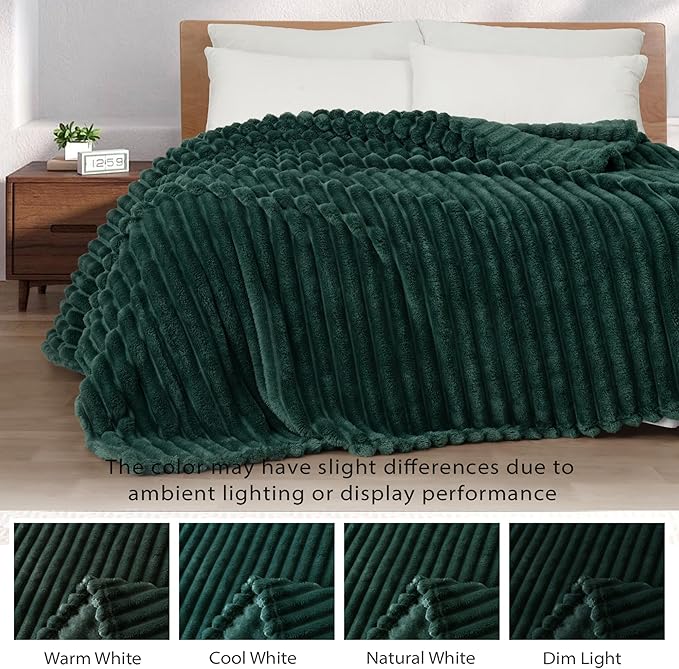 Exclusivo Mezcla Twin Size Flannel Fleece Blanket, Super Soft Striped Jacquard Bed Blanket, Lightweight Fuzzy Cozy for All Seasons, 60x80 Inches, Forest Green