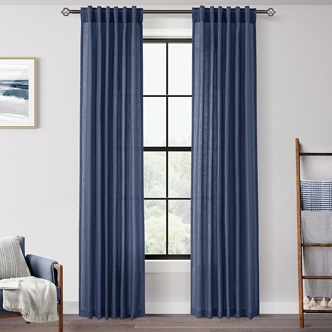Navy Blue Curtains 90 inch Length for Bedroom Back Tab Light Filtering Semi Sheer Blue Living Room Curtains Linen Cotton Textured Indigo Blue Drapery Panel Modern Aesthetic Decor 42" Wx90 L