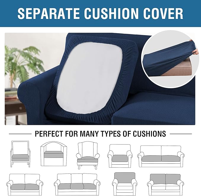 H.VERSAILTEX 3 Piece Stretch Sofa Covers for 2 Cushion Sofa Couch Covers for Living Room Sofa Slipcovers (Base Cover Plus 2 Seat Cushion Covers) Thicker Jacquard Fabric(Large Sofa, Navy)